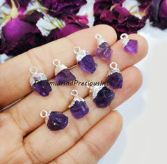 Natural Raw Amethyst Silver Electroplated Pendant Connectors, February Birthstone, Sold By Piece