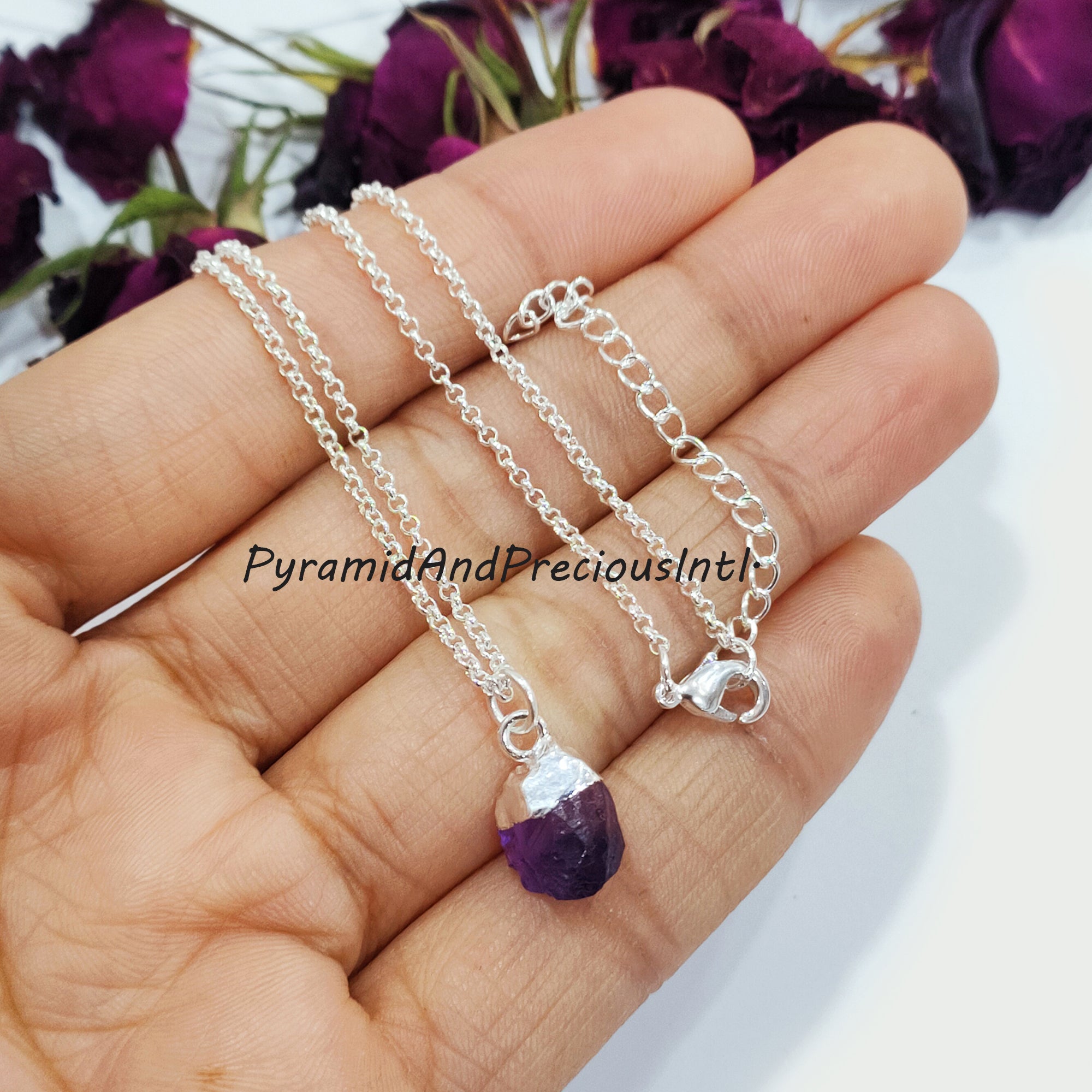Natural Raw Purple Amethyst Silver Electroplated Pendant Necklace, February Birthstone, Sold By Piece