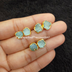 Raw Aquamarine Electroplated Stud Earrings, Gold Plated Jewelry, March Birthstone, Sold By Pair