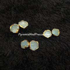 Raw Aquamarine Electroplated Stud Earrings, Gold Plated Jewelry, March Birthstone, Sold By Pair