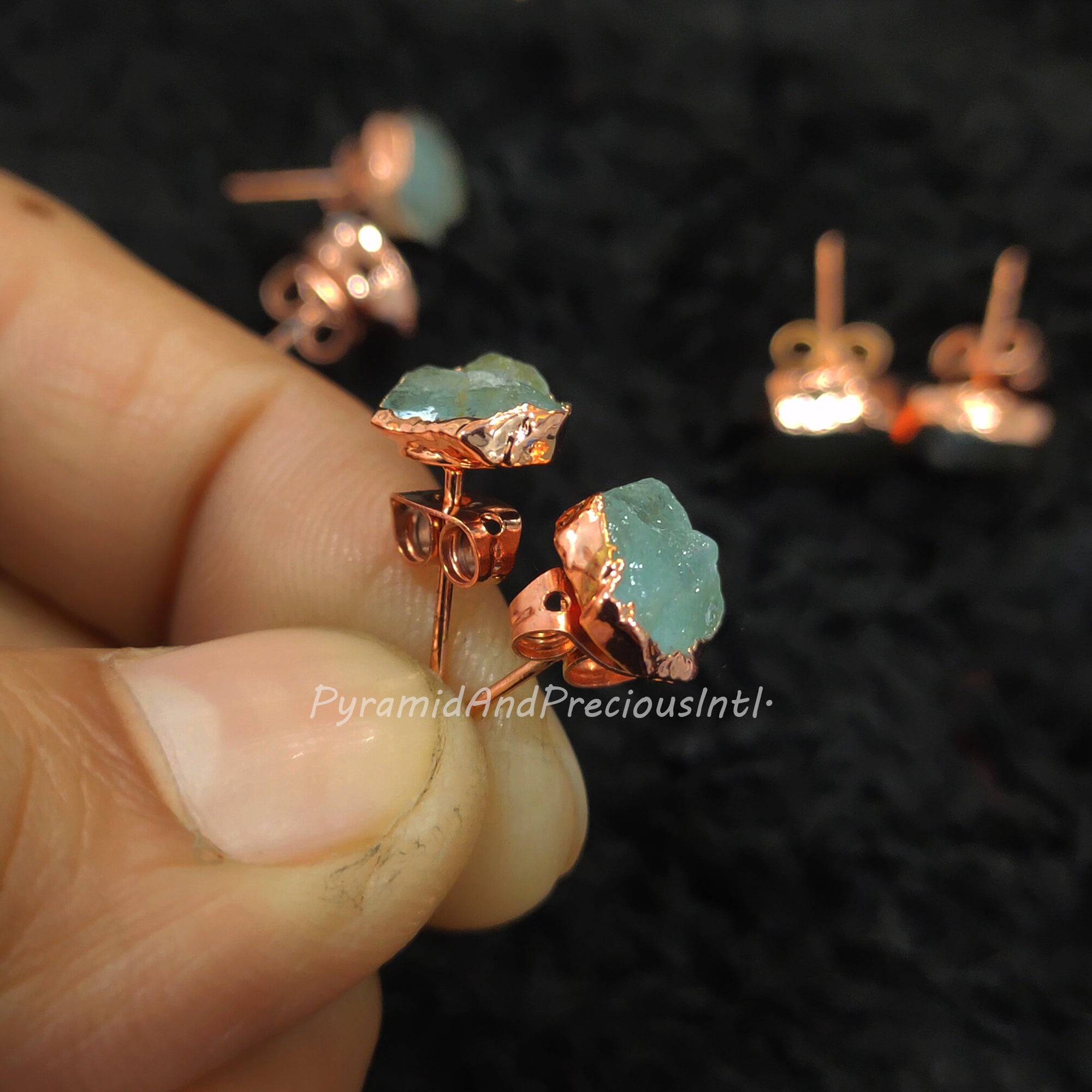 Raw Aquamarine Electroplated Stud Earrings, Copper Plated Jewelry, March Birthstone, Sold By Pair