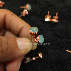 Raw Aquamarine Electroplated Stud Earrings, Copper Plated Jewelry, March Birthstone, Sold By Pair