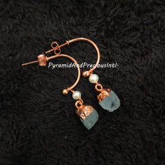 Rough Natural Aquamarine Earrings, Copper Electroplated Earrings, March Birthstone Earrings, Sold By One Pair