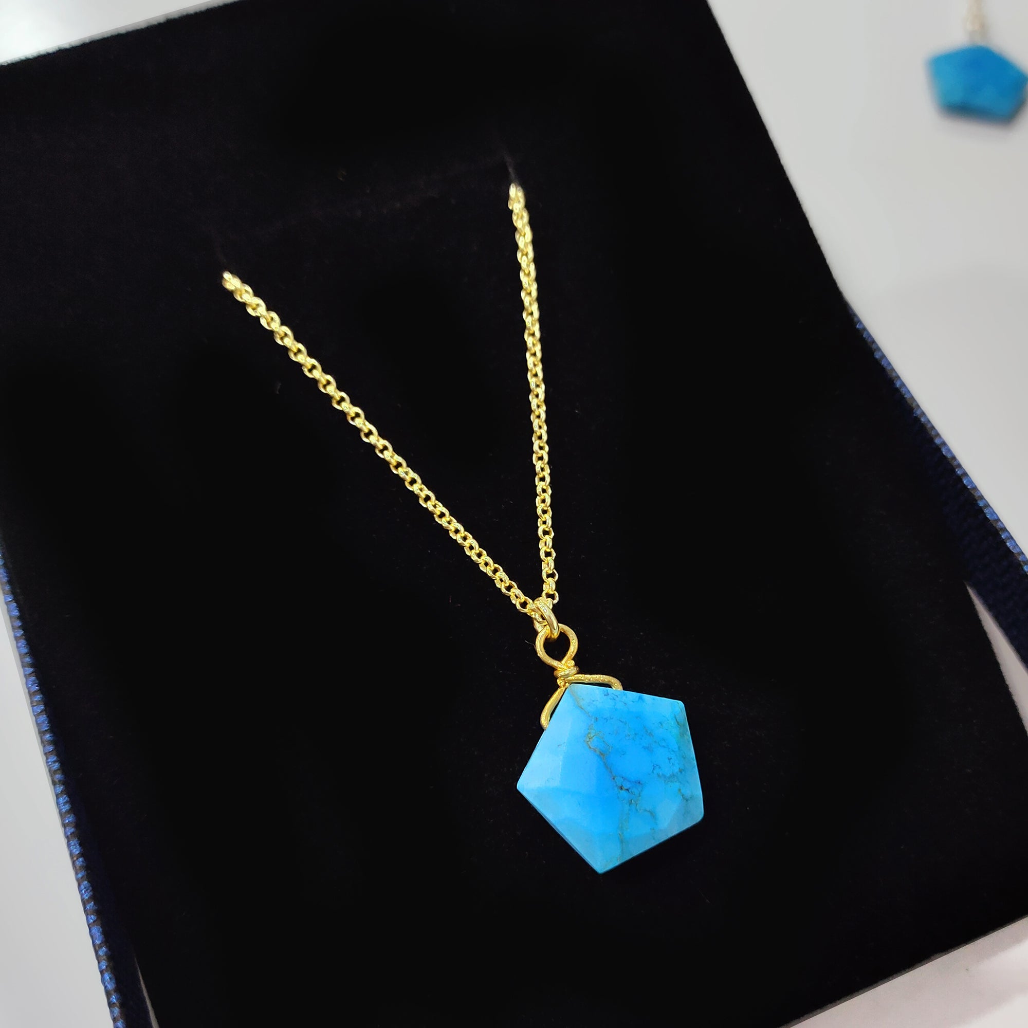 Turquoise Howlite Wire Wrap Pendant, Pentagon Shape Handmade Pendant, Gold Electroplated Necklace, December Birthstone