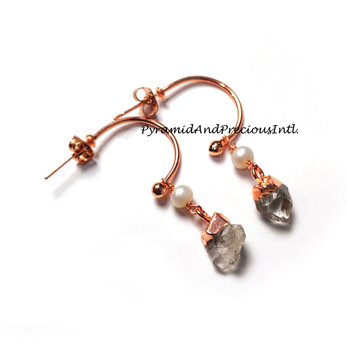 Natural Herkimer Quartz Earrings, Copper Electroplated Earrings, April Birthstone, Sold By Pair