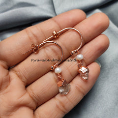 Natural Herkimer Quartz Earrings, Copper Electroplated Earrings, April Birthstone, Sold By Pair