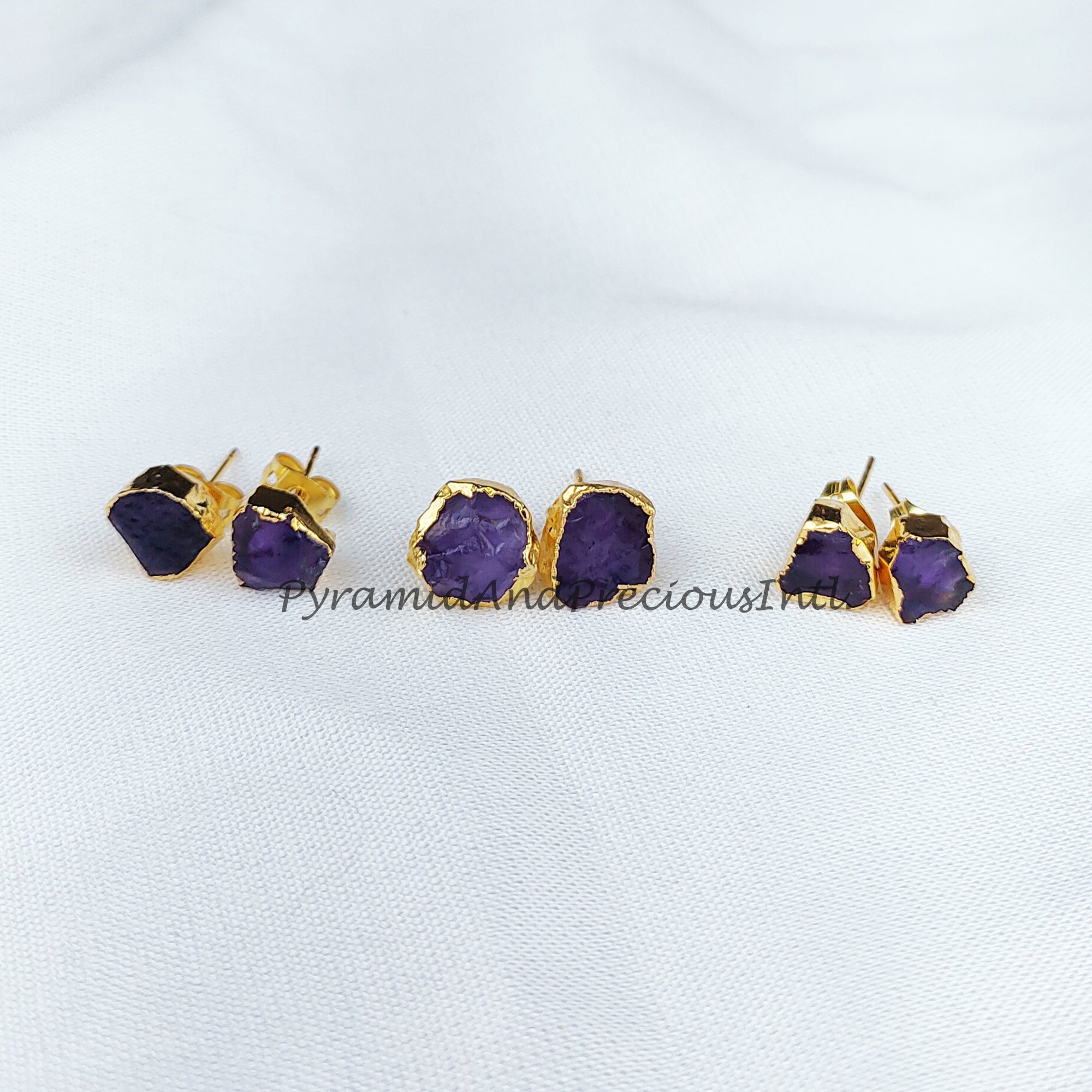 Raw Purple Amethyst Gemstone Electroplated Stud Earrings, February Birthstone Stud, Sold By Pair