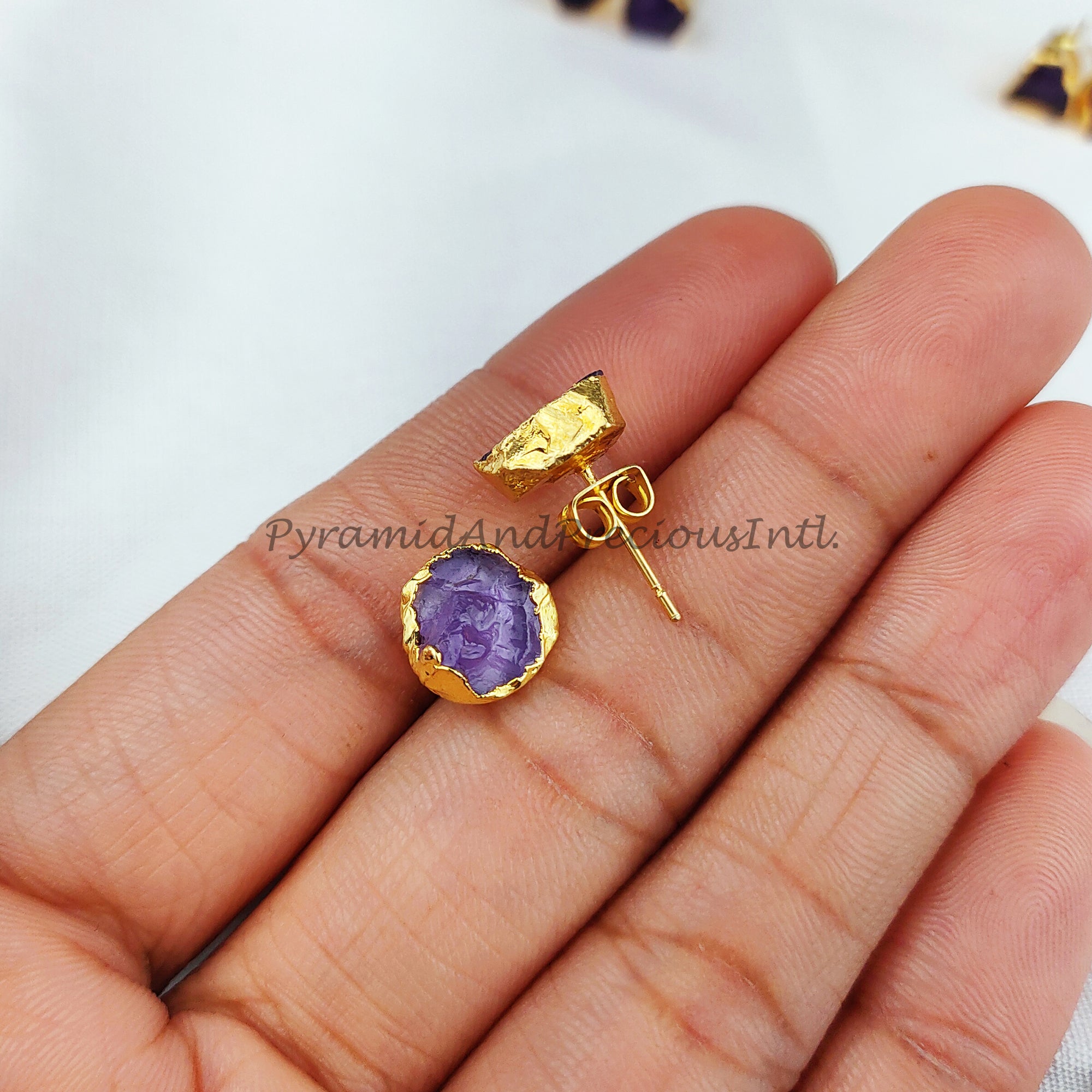 Raw Purple Amethyst Gemstone Electroplated Stud Earrings, February Birthstone Stud, Sold By Pair