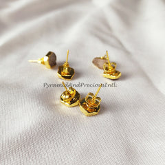 Raw Rose Quartz Earrings, Quartz Stud Earrings, Gold Electroplated Stud Earring, Sold By Pair