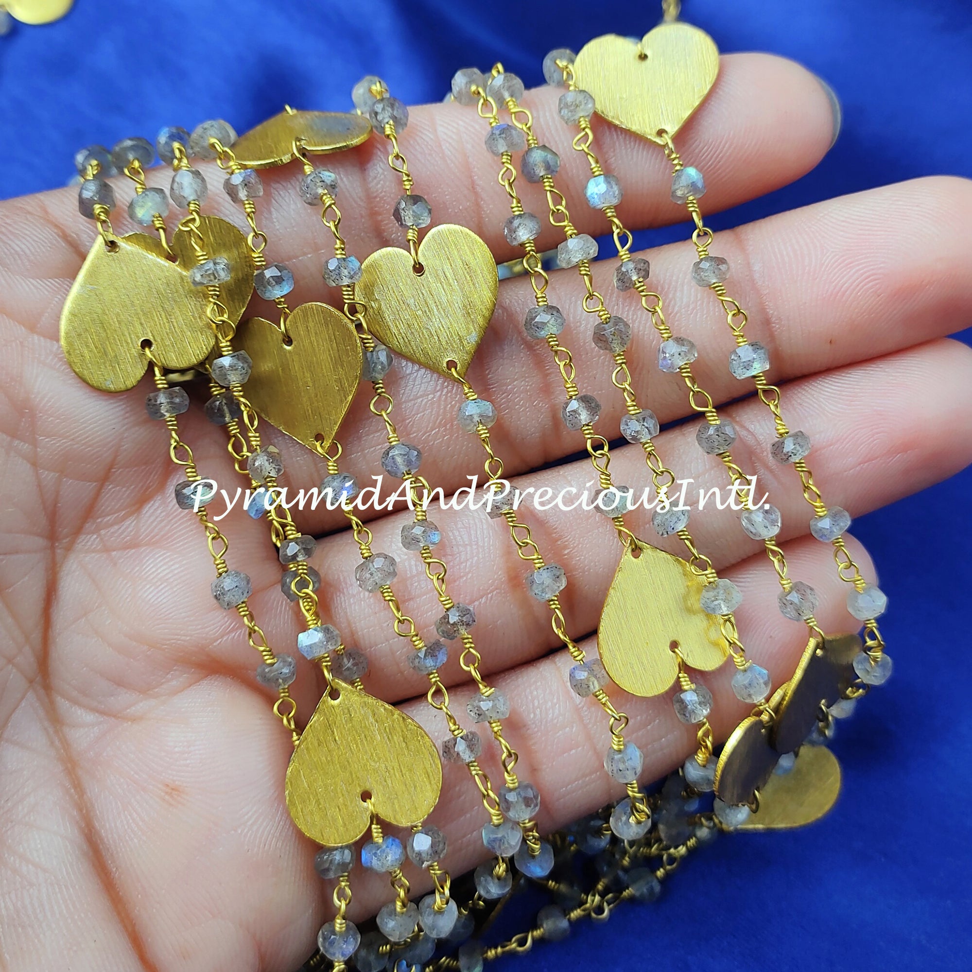Labradorite Beaded Rosary Chain With Heart Charms, Rondelle Faceted Gold Plated Chain, Jewelry Findings – SELLING BY FOOT