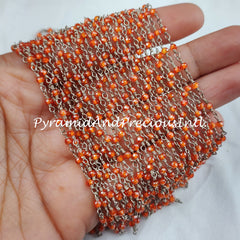 Carnelian Rosary Chain, Orange Rosary Chain, 925 Silver Plated Chain, DIY Necklace Making Chain, 2.5-3mm Bead Size – SELLING BY FOOT