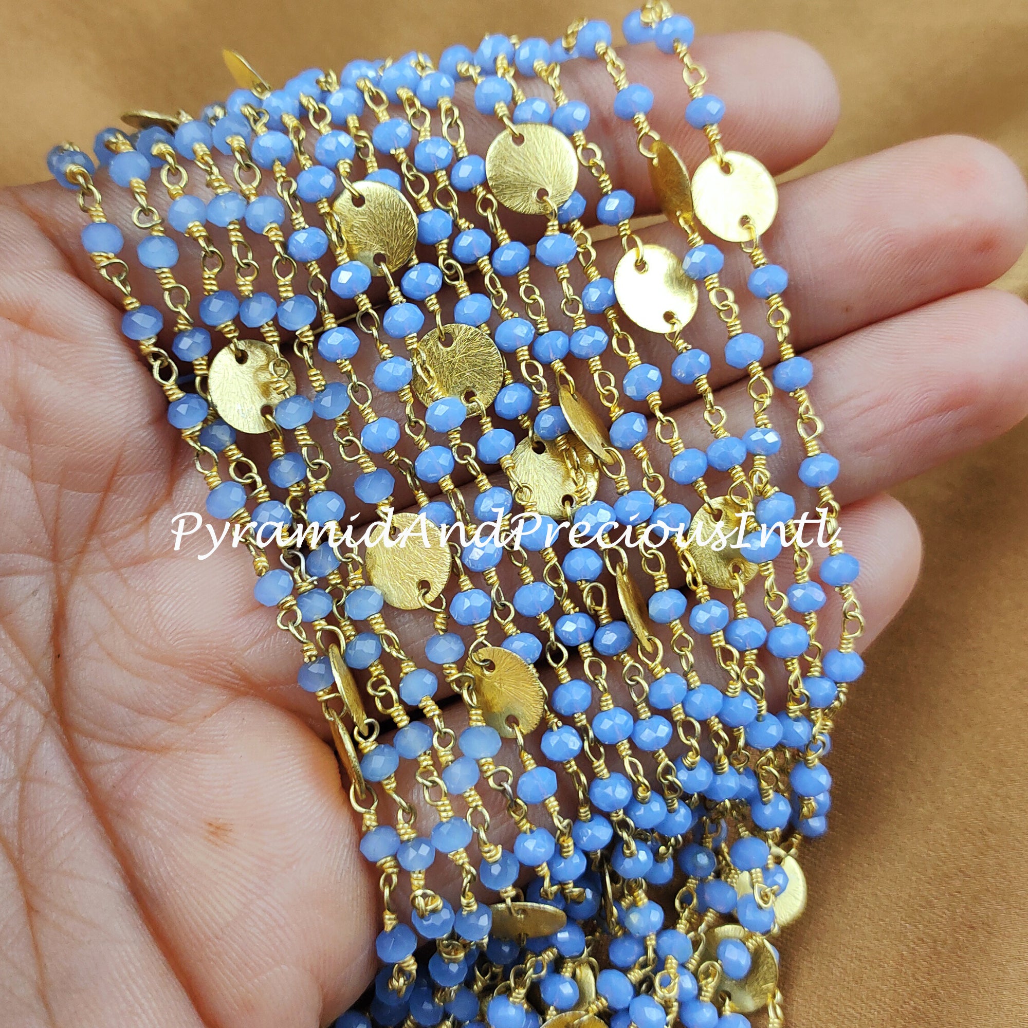 Chalcedony Hydro Chains, Gold Plated Rosary Chain, Blue Gemstone Beaded Chain, Rondelle Beads Chain, DIY Rosary Chain – SELLING BY FOOT