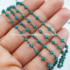 Green Onyx Beaded Rosary Chain, Black Plated Wire Wrapped, Green Gemstone Beads – SELLING BY FOOT