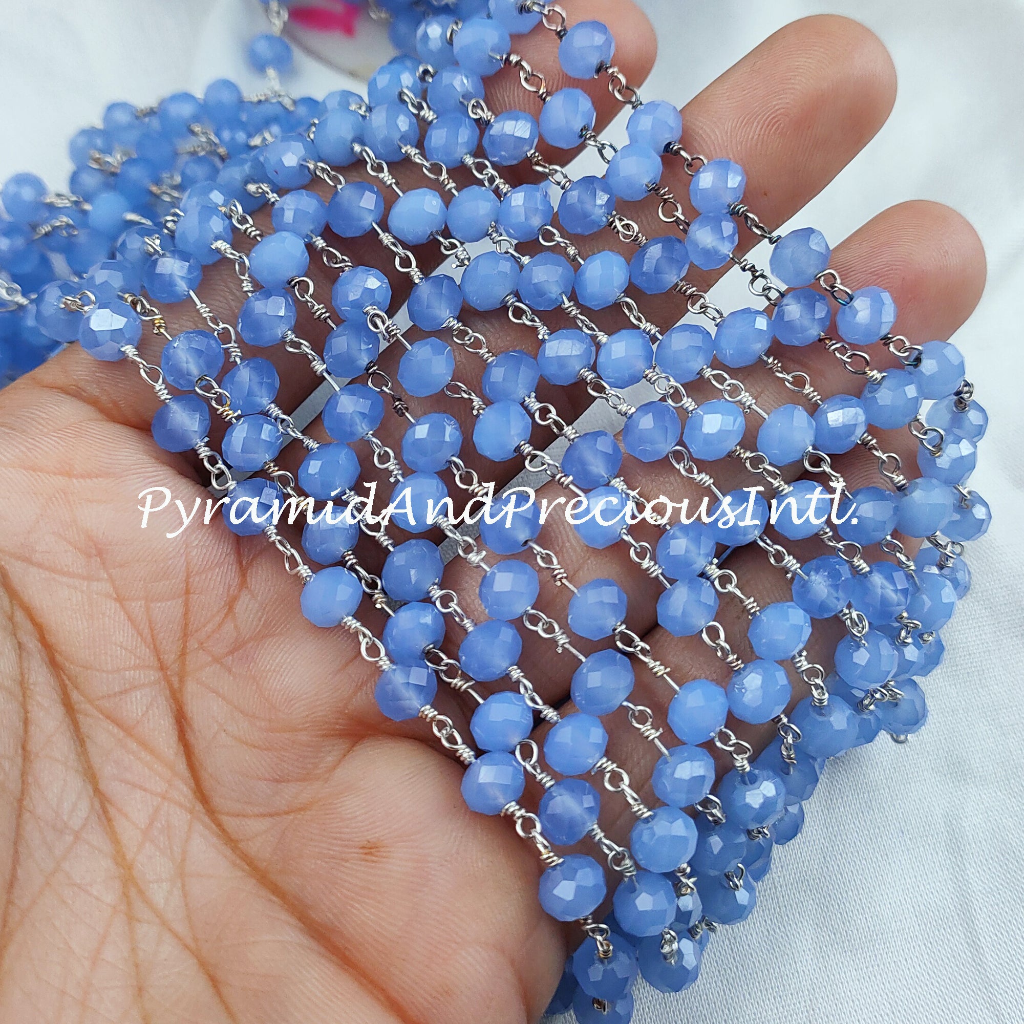 Finished Blue Chalcedony Beaded Chain, Wire Wrapped Beaded Chain, Rosary Bead Chain, Blue Chain – SELLING BY FOOT