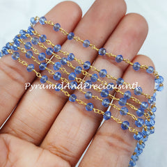 Finished Blue Topaz Beaded Chain, Wire Wrapped Beaded Chain, Rosary Bead Chain – SELLING BY FOOT