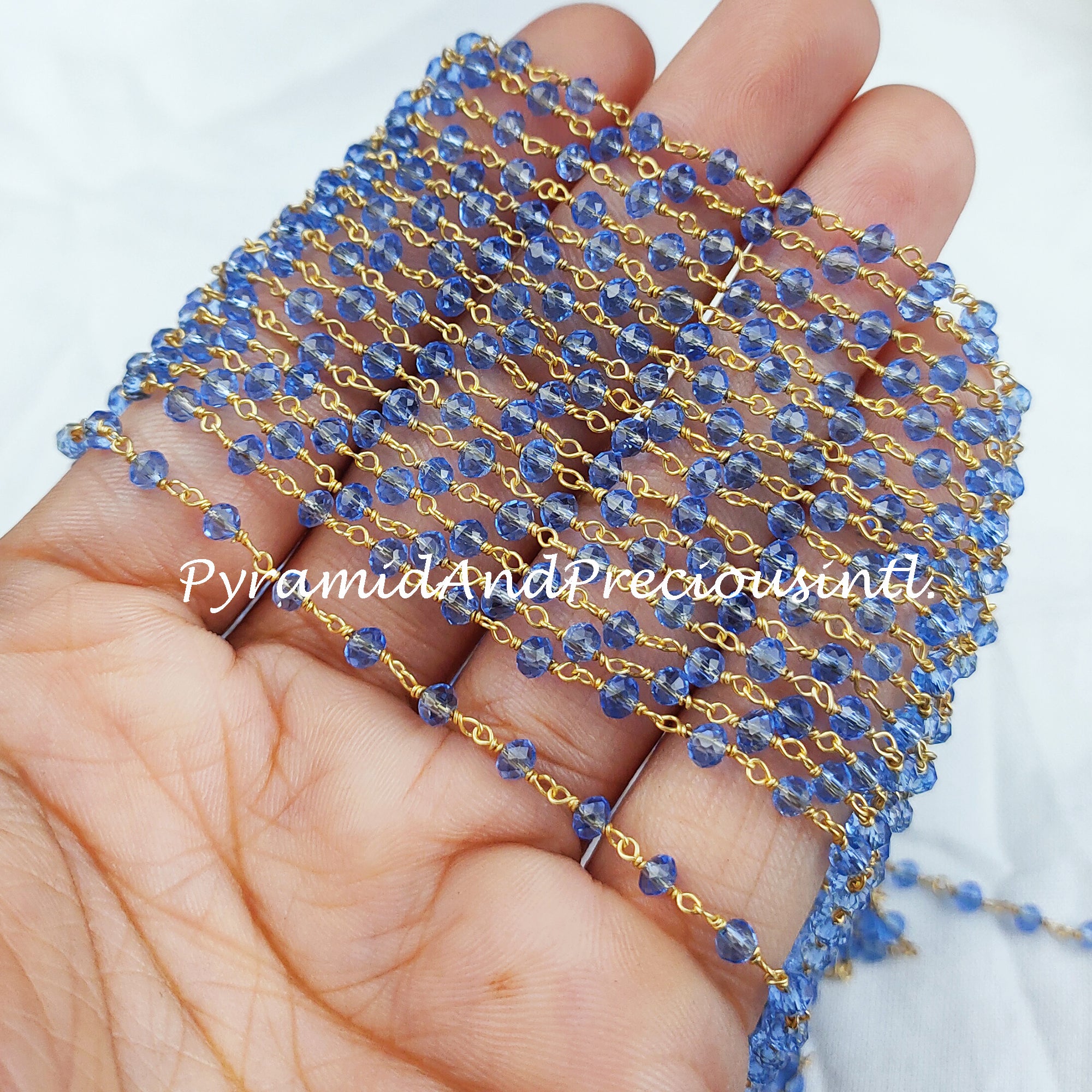 Finished Blue Topaz Beaded Chain, Wire Wrapped Beaded Chain, Rosary Bead Chain – SELLING BY FOOT