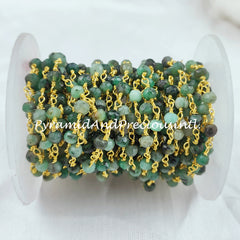 Natural Emerald Beaded Rosary Chain, Gold Plated Wire Wrapped, Genuine Emerald Beads – SELLING BY FOOT