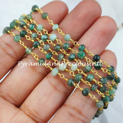 Natural Emerald Beaded Rosary Chain, Gold Plated Wire Wrapped, Genuine Emerald Beads – SELLING BY FOOT