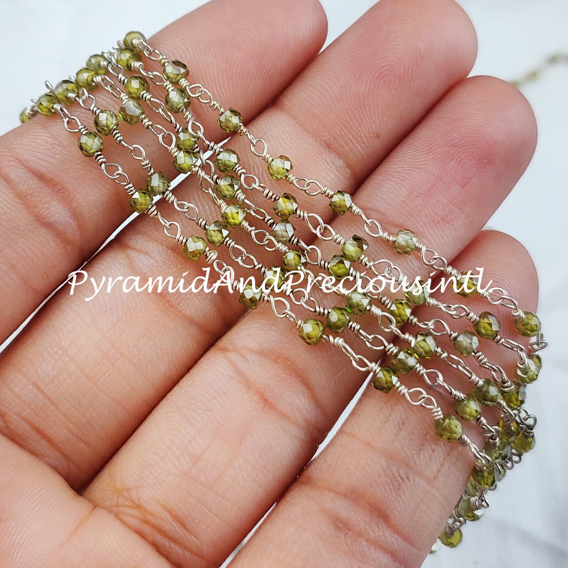 Peridot Beaded Rosary Chain, Silver Plated Wire Wrapped, Green Gemstone Beads, 1,2,5,10 feet Roll, Necklace Chain – SELLING BY FOOT