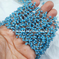 Coated Blue Chalcedony Beaded Rosary Chain, Rondelle Faceted 3.5mm 925 Sterling Silver Plated Chain – SELLING BY FOOT