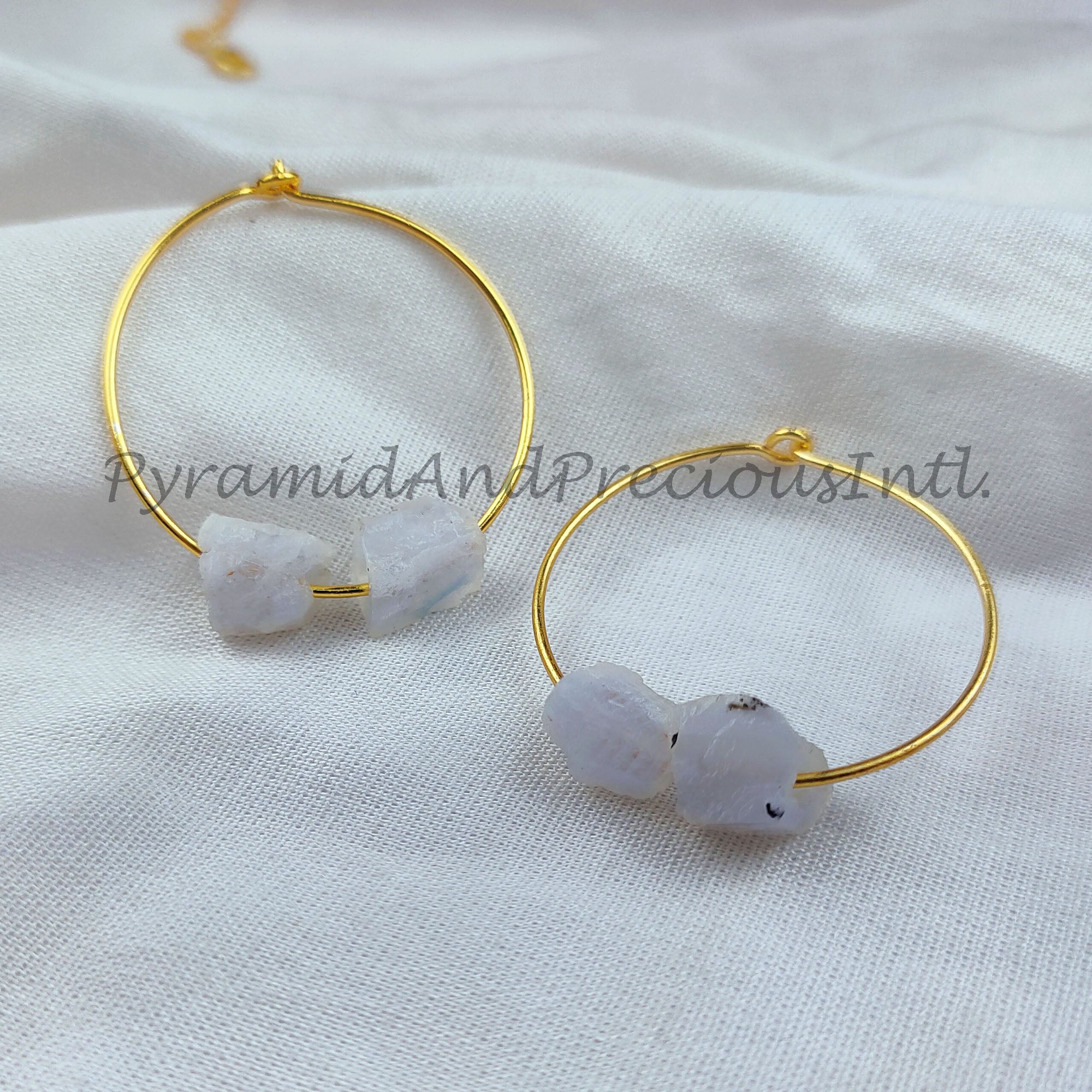 Natural Rainbow Moonstone Earrings, Rough Moonstone Jewelry, 14K Gold Plated Earrings, Sold By Pair