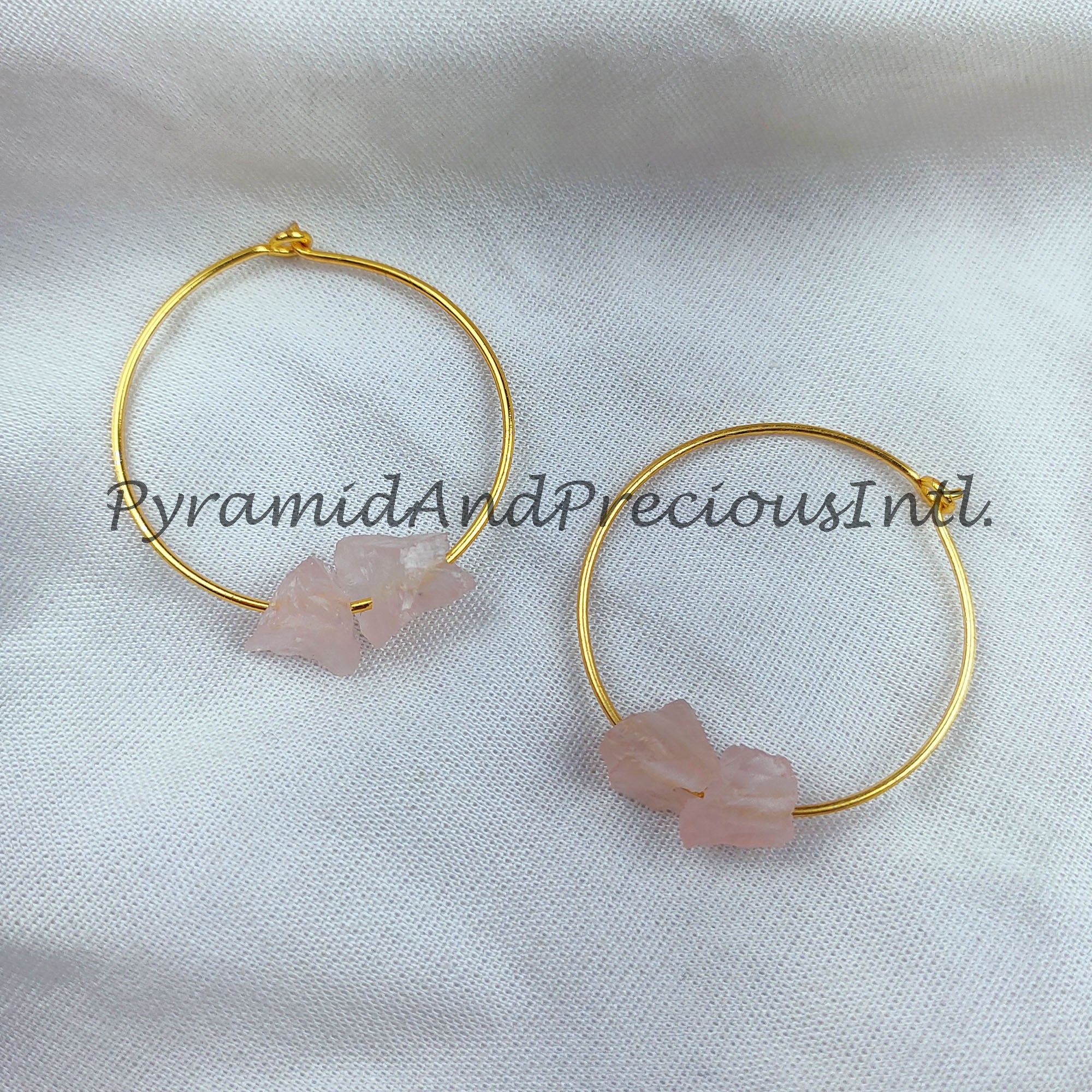 Natural Rose Quartz Earrings, Pink Rough Gemstone Jewelry, 14K Gold Plated Earrings, Sold By Pair