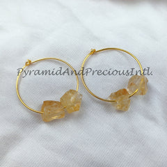 Raw Citrine Earrings, Women Loop Earrings, Raw Citrine Jewelry, 14K Gold Plated Earrings, Women Earring, Sold By Pair