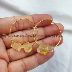 Raw Citrine Earrings, Women Loop Earrings, Raw Citrine Jewelry, 14K Gold Plated Earrings, Women Earring, Sold By Pair