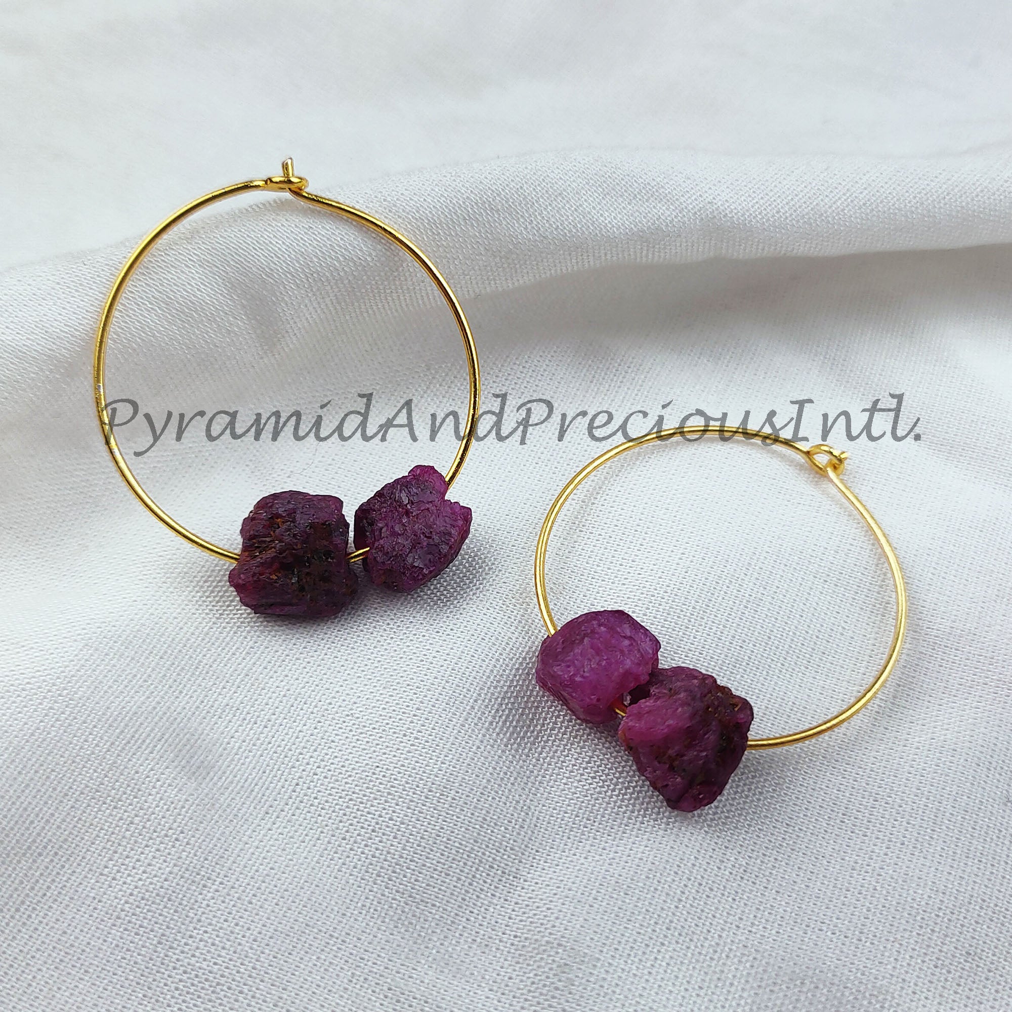 Raw Ruby Earring, Loop Earring, Gold Plated Earring, Pink Gemstone Earring, Wedding Earring, Sold By Pair