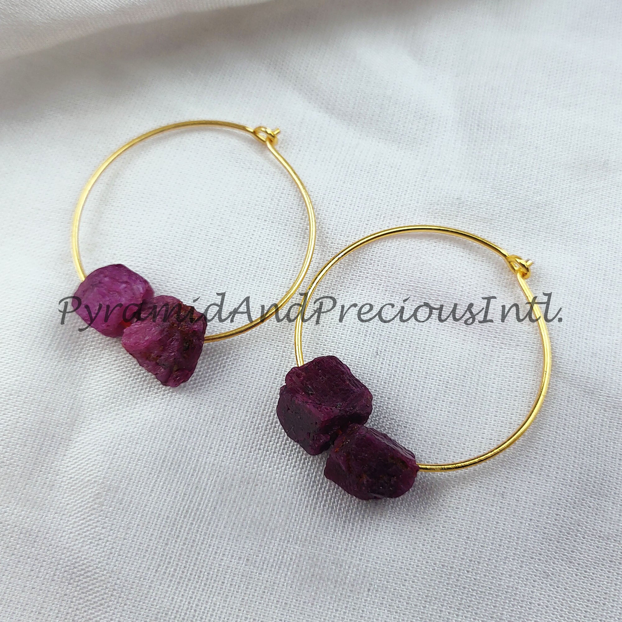 Raw Ruby Earring, Loop Earring, Gold Plated Earring, Pink Gemstone Earring, Wedding Earring, Sold By Pair