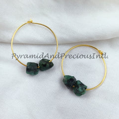 Natural Raw Emerald Earring, 14K Gold Plated Earring, Round Earring, Loop Earring, May Birthstone, Sold By Pair