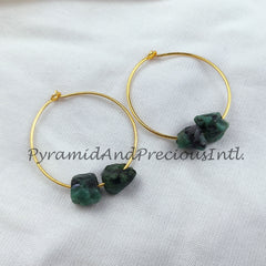 Natural Raw Emerald Earring, 14K Gold Plated Earring, Round Earring, Loop Earring, May Birthstone, Sold By Pair