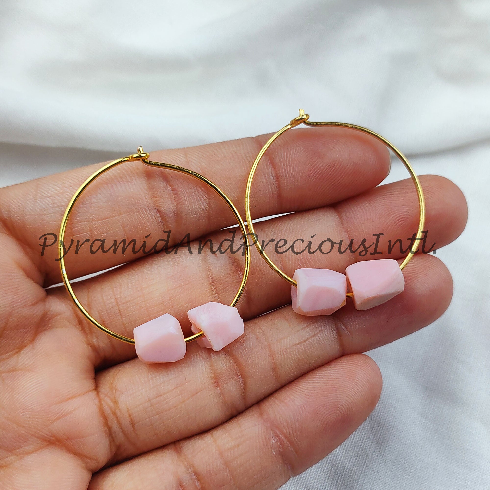 Natural Raw Pink Opal Earrings, Pink Gemstone, Raw Pink Opal Earrings, 14K Gold Plated Earrings, Loop Earring, Sold By Pair