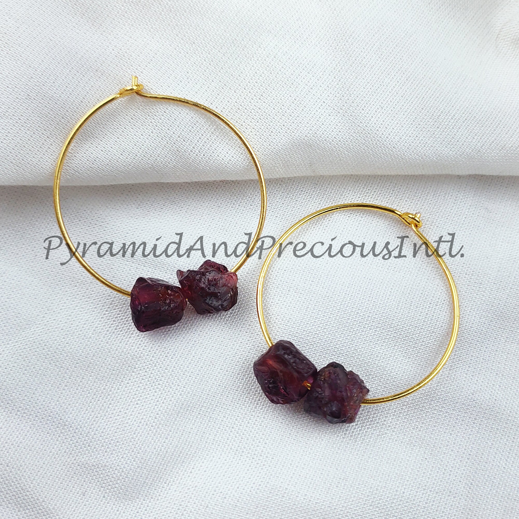 Natural Raw Garnet Earring, 14K Gold Plated Earring, Round Earring, Loop Earring, January Birthstone, Sold By Pair