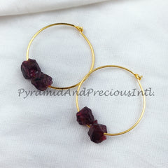 Natural Raw Garnet Earring, 14K Gold Plated Earring, Round Earring, Loop Earring, January Birthstone, Sold By Pair