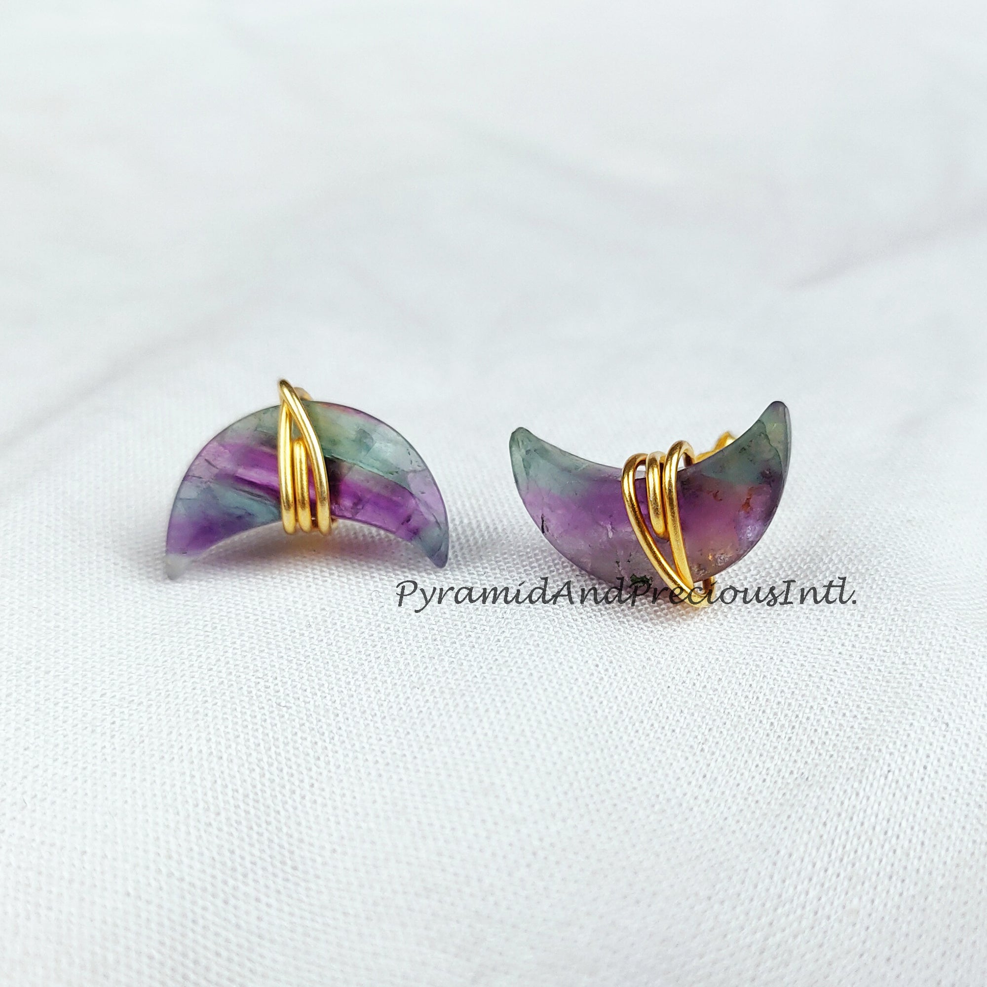 Natural Fluorite Earrings, Moon Shape Stud Earrings, Fluorite Jewellery, Gemstone Stud, Sold By Pair