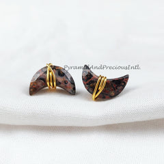 Natural Leopard Skin Jasper Stud Earrings, Gold Electroplated Stud Earrings, Moon Shape Jewelry, Sold By Pair