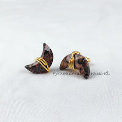 Natural Leopard Skin Jasper Stud Earrings, Gold Electroplated Stud Earrings, Moon Shape Jewelry, Sold By Pair