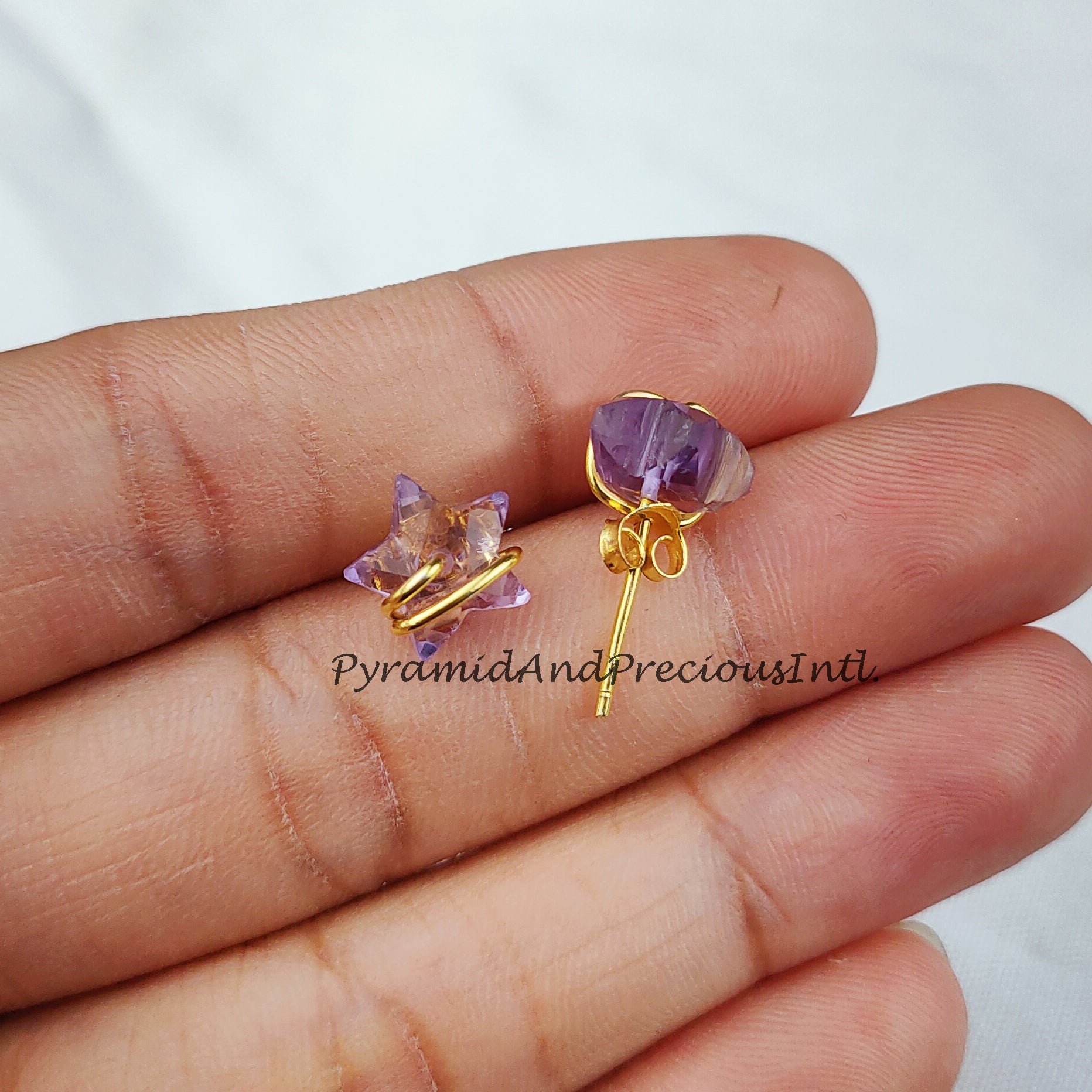 Natural Amethyst Earring, Star Shape Studs, 14K Gold Plated Earrings, Earrings, Purple Wire Wrap Stud Earrings, Sold By Pair
