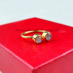 Natural Rainbow Moonstone Ring, Adjustable Ring, Blue Moonstone Ring, 14K Gold Plated Ring, Bohemian Ring