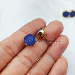 Dark Blue Druzy Electroplated Stud Earrings, Women Stud, Handmade Stud Earrings, Sold By Pair