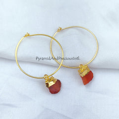 Raw Carnelian Gemstone Earrings, Gold Electroplated Crystal Earrings, Birthstone Earring Gift