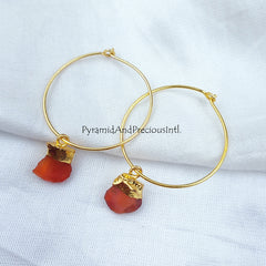 Raw Carnelian Gemstone Earrings, Gold Electroplated Crystal Earrings, Birthstone Earring Gift