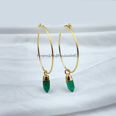 Green Onyx Earrings, Pencil Earring, Hoop Earring, Gold Electroplated Earring, Boho Earring, Women Earring