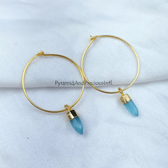 Blue Chalcedony Earrings, Tiny Gemstone Earrings, Hoop Earrings, Gold Plated Electroplated Earrings