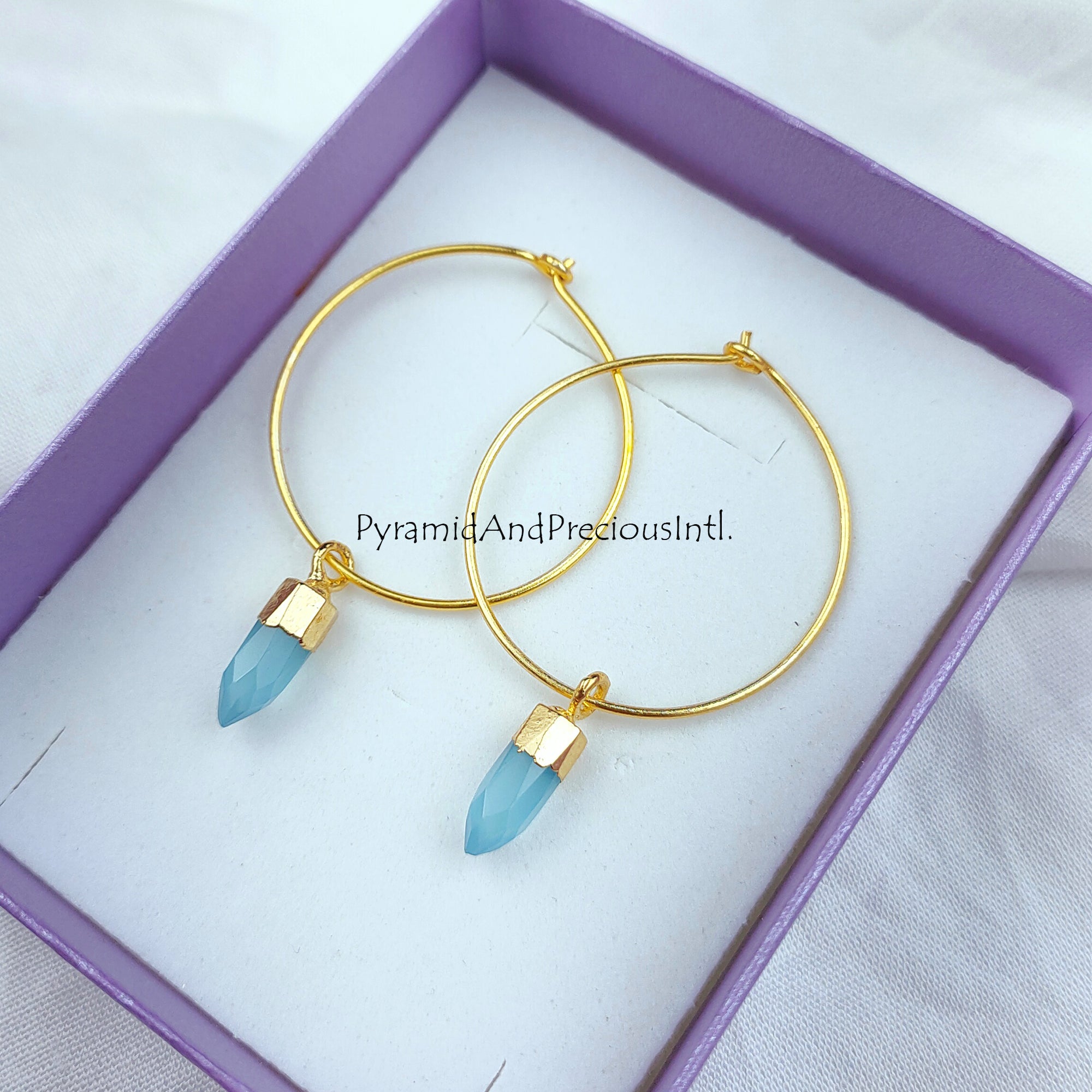 Blue Chalcedony Earrings, Tiny Gemstone Earrings, Hoop Earrings, Gold Plated Electroplated Earrings