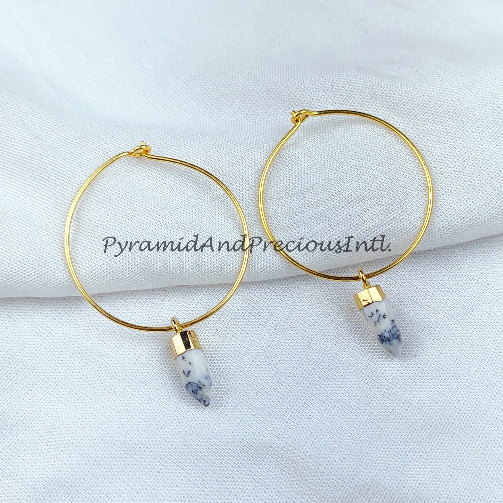 Dendrite Opal Earring, Gemstone Earring, Pencil Earring, Brass Earring, Gold Electroplated Earring