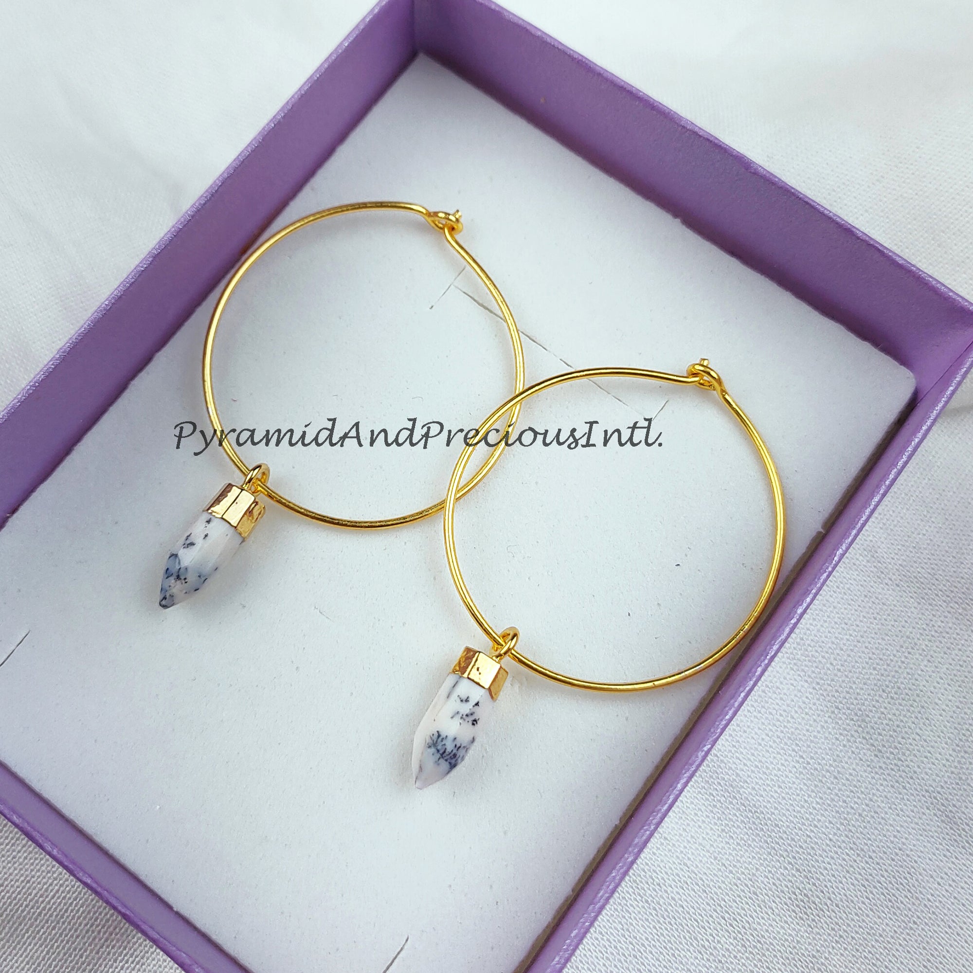 Dendrite Opal Earring, Gemstone Earring, Pencil Earring, Brass Earring, Gold Electroplated Earring