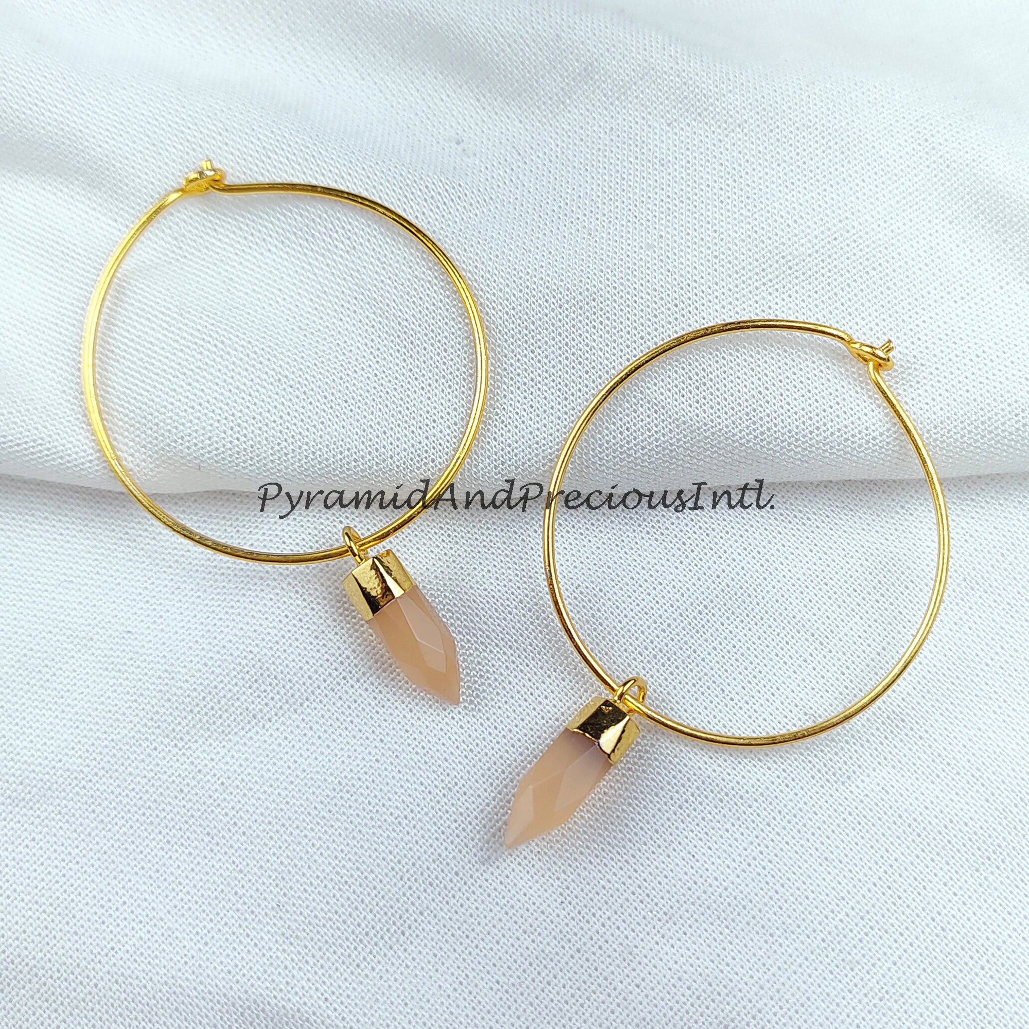 Peach moonstone Hoop earrings, bridesmaid gift, Pencil Earring, Gemstone Earring, Gold Electroplated Earring