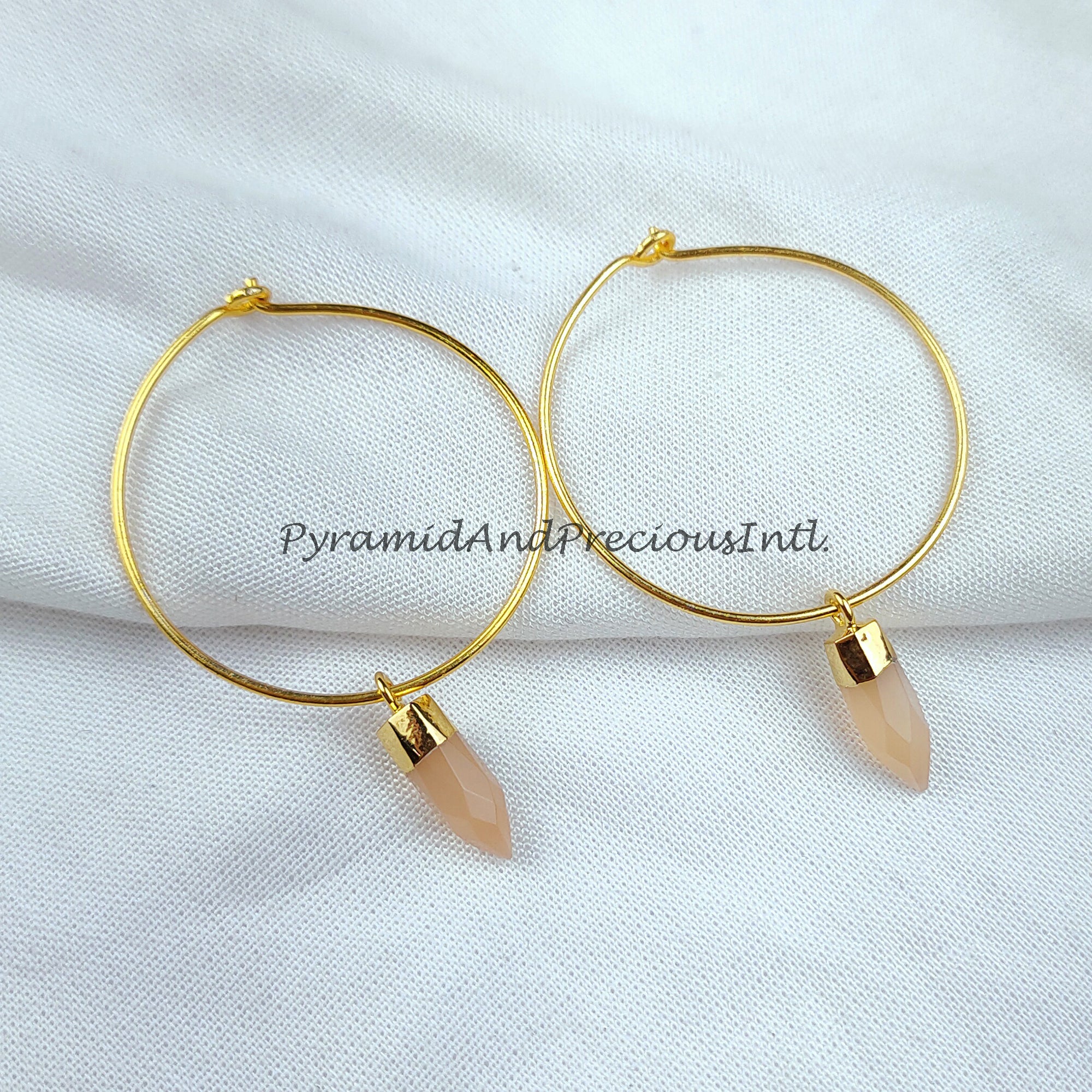 Peach moonstone Hoop earrings, bridesmaid gift, Pencil Earring, Gemstone Earring, Gold Electroplated Earring